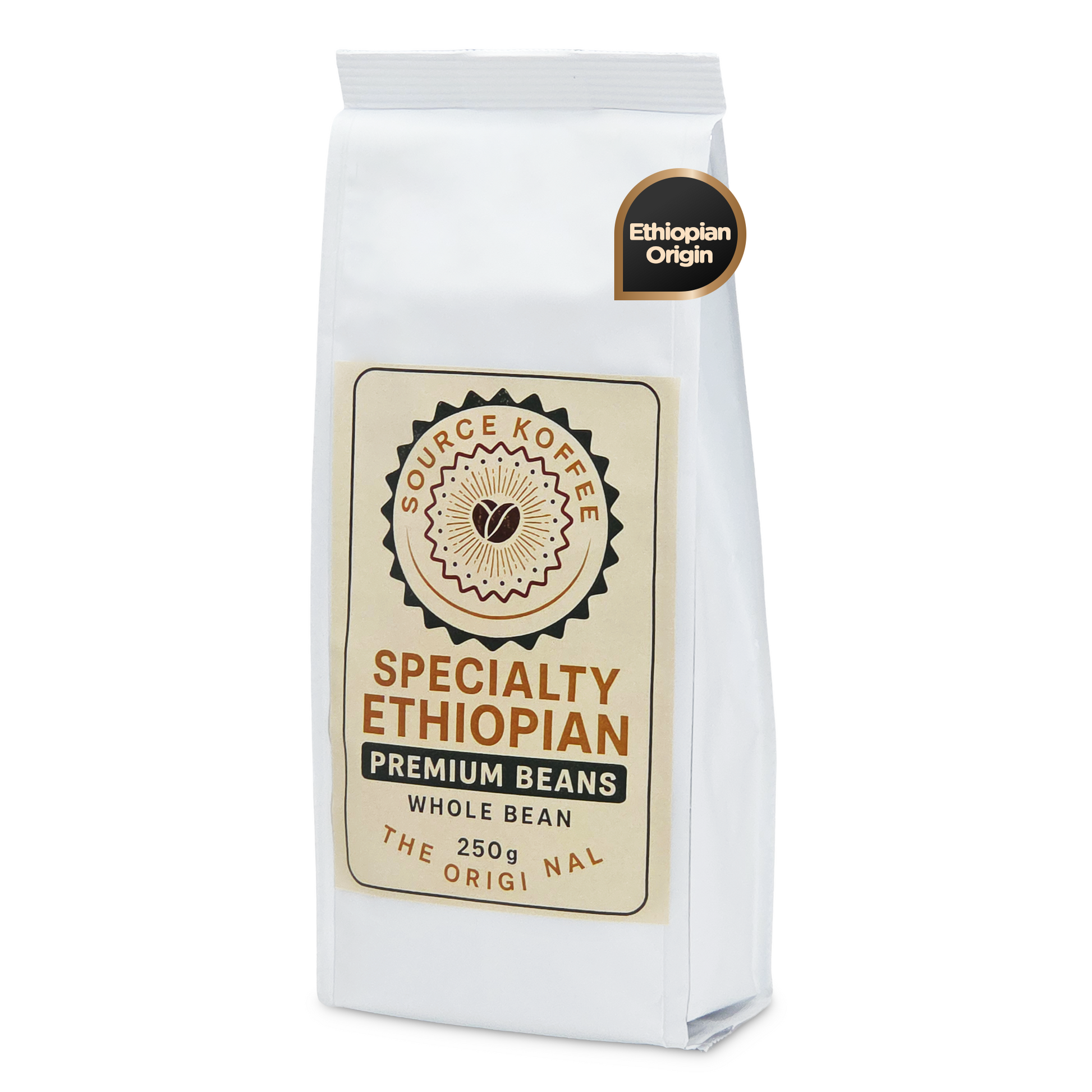 Source Koffee 250g whole bean bag — Sidamo Bensa lot ships in this packaging